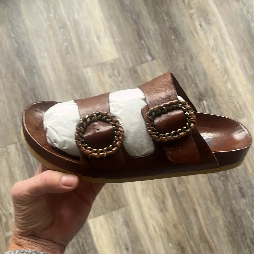 Antenora brown Leather Sandals size 39 or 9 slides handmade Italy buckles NEW